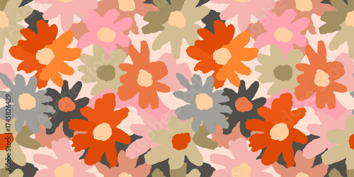 Vector floral seamless pattern. Abstract colorful background with funky cutout stylized daisy flowers, bold shapes. Paper cut collage style pattern. Simple repeated design in autumn pastel colors