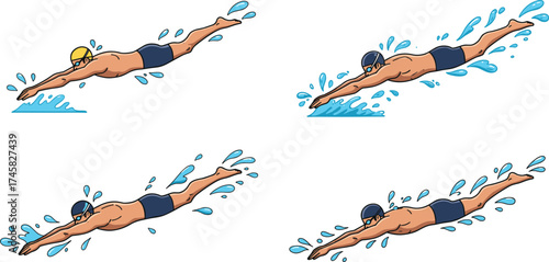 Cartoon swimmer diving, splash motion, swim cap, goggles, water entry, athletic pose, sport technique, vector illustration, pool, competition