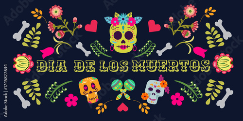 Vibrant Dia de Muertos , Day of the Dead POSTER with sugar skulls, skeletons, and festive decorations on a dark background. Perfect for Mexican holiday, celebration design, and cultural posters