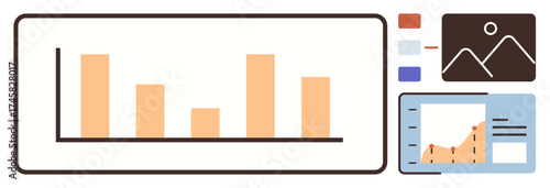 Bar chart, line graph, and photo card representing data analysis, statistics, and organization. Ideal for business, finance, marketing education presentations strategy research. Simple flat
