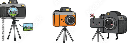 Cute cartoon cameras on tripods taking photos, kawaii photography concept, adorable digital camera illustration, happy camera characters with smiling faces, creative art