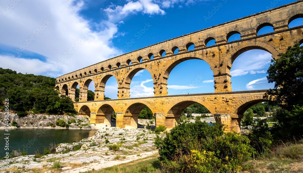 Fototapeta premium Ancient stone aqueduct bridge spans a river valley under a partly cloudy sky
