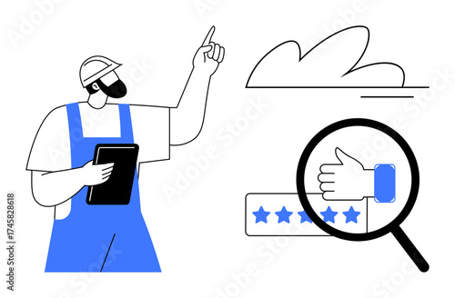 Worker in safety gear holding tablet, pointing towards evaluation, thumbs-up in magnifying glass, star rating. Ideal for quality control, feedback, monitoring, reviews, inspection evaluation