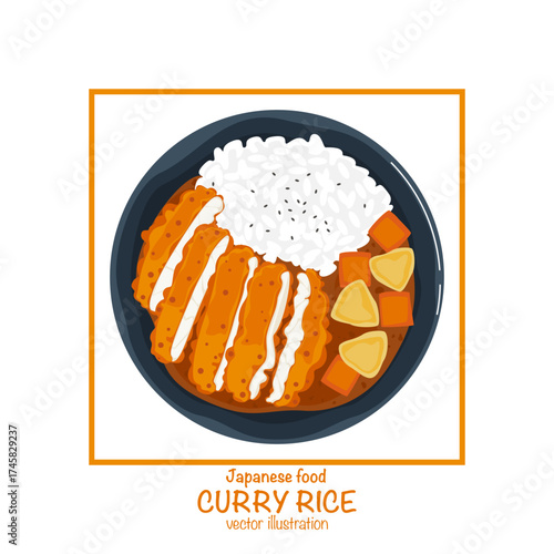 Curry rice vector illustration, delicious popular Japanese food from top view, bright and colorful, flat design, suitable for Asian food design, Japanese food menu or restaurant branding.
