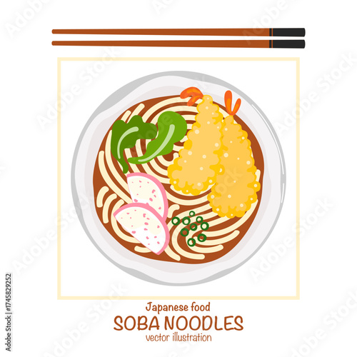 Soba Noodles Vector Illustration, Delicious Popular Japanese Food from Top View, Bright Colorful Appetizing, Flat Design Perfect for Asian Food Design, Japanese Food Menu or Restaurant Branding.