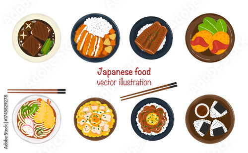 Flat vector banner illustration set. Delicious food. Various Japanese dishes menu. Ramen, Udon, Curry rice. Top view cooking. Recipes, menu, restaurant for food design, poster and background.