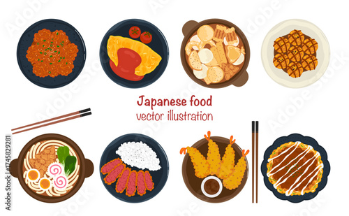 Flat vector banner illustration set. Delicious food. Various Japanese dishes menu. Ramen, Udon, Tempura. Top view cooking. Recipes, menu, restaurant for food design, poster, and background.