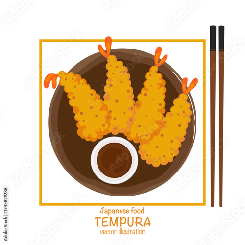 Cute vector illustration of Japanese tempura shrimp with golden, crispy fried batter, isolated on a white background, suitable for Asian food design, restaurant menus, packaging, and food decoration.