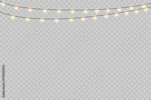 Golden fairy string lights garland glowing on transparent background for Christmas, New Year or wedding decoration