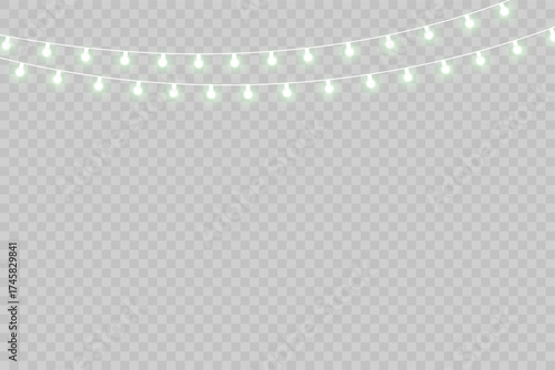 Soft golden bokeh lights and glowing garland on transparent background for festive holiday and party design