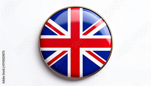 Round button featuring Union Jack design with red, white, and blue symmetrical cross pattern