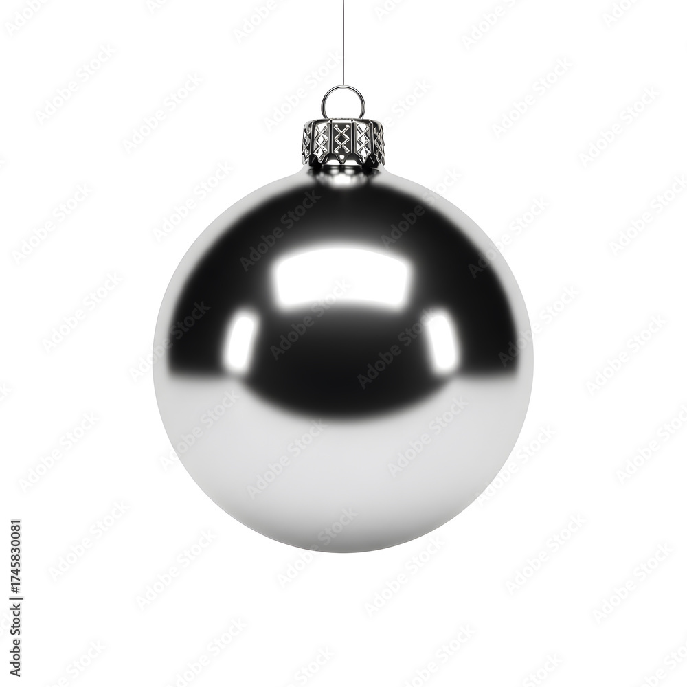 Fototapeta premium Silver Christmas Ball Ornament with Textured Cap Isolated Against Transparent Background for Holiday Celebration Still Life