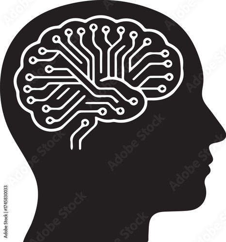 Side profile head neural circuit pattern silhouette icon on white background.