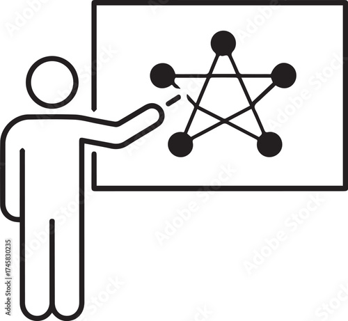 Teacher pointing at neural chart line icon on white background 