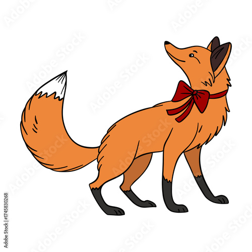Cute Christmas fox in festive style with holiday decorations. Cheerful and cozy New Year character