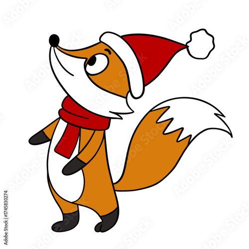 Cute Christmas fox in festive style with holiday decorations. Cheerful and cozy New Year character
