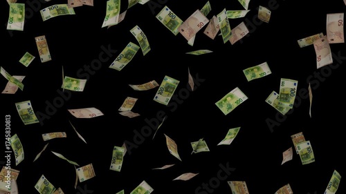 Euro Banknotes Falling on Black Background (Money Rain)
