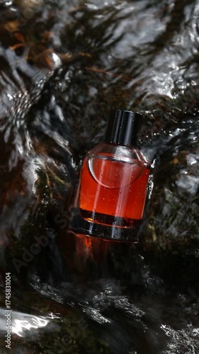 Elegant perfume bottle filled with amber essence resting on a wet stone amid flowing stream water. Natural light product video
