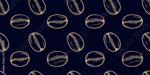 Luxury vector seamless pattern with hand drawn golden coffee beans on black background. Elegant cafe grain design for premium decor. Sophisticated repeated design for branding, textile, wallpaper