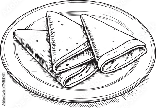 Crêpes Crêpe Pancakes on Plate Simple Hand-drawn Sketch Doodle Drawing Vector Illustration, Black and white Line Linear Isolated Art