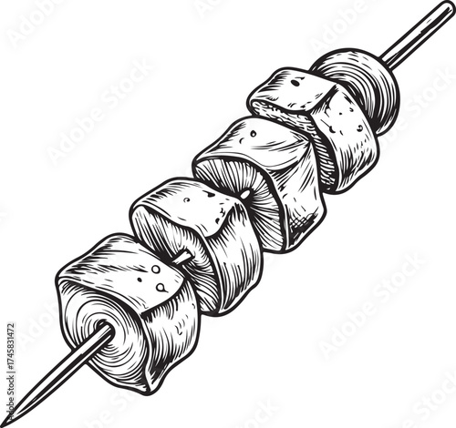 Meat skewer Simple Hand-drawn Sketch Doodle Drawing Vector Illustration, Black and white Line Linear Isolated Art