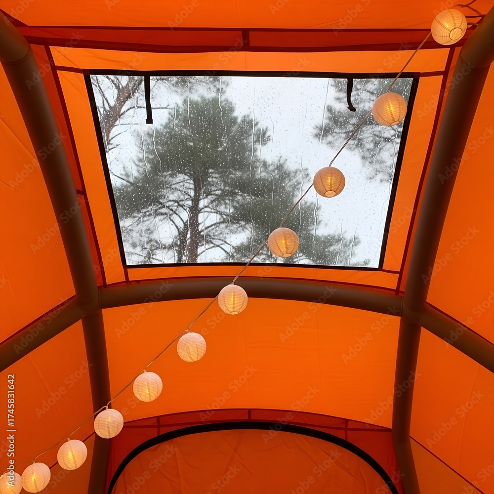 Obraz premium Looking up through an orange tent opening at a cloudy sky with trees and glowing string lights