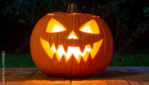 Illuminated carved pumpkin, grinning face, on wooden surface
