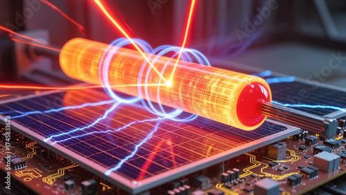 Red hot tungsten emitter radiating infrared energy toward thermophotovoltaic cell, converting radiant heat into electricity, glowing arcs and semiconductor details in futuristic laboratory setup.