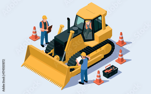 Construction site scene with bulldozer workers and traffic cones isometric view isolated on white background