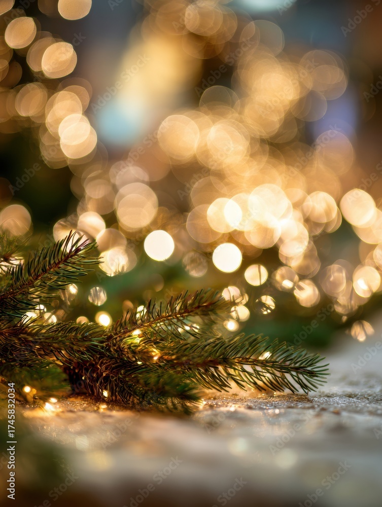 Obraz premium Festive Lights and Evergreen Branches Create a Warm, Inviting Atmosphere During the Holiday Season in a Cozy Indoor Setting