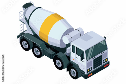 Detailed isometric view of a cement mixer truck ready for construction work isolated on white background