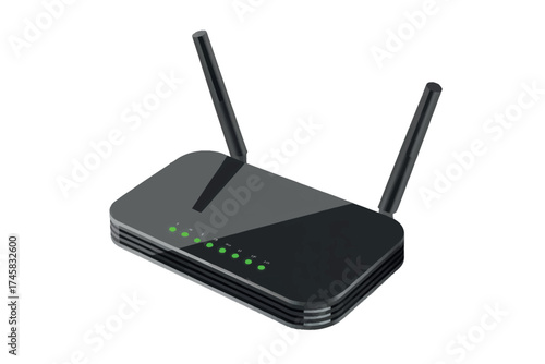 Modern wireless network router with dual antennas for home and office connectivity isolated on white background