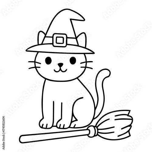 Witch Cat with Hat and Broom Vector