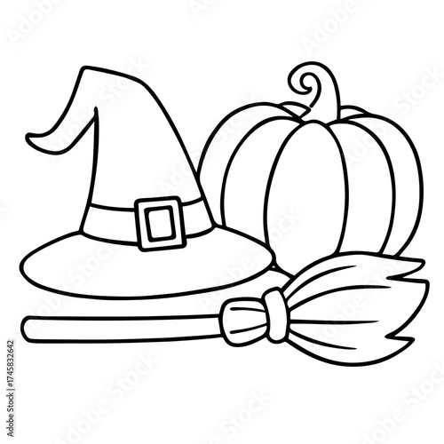 Witch Hat, Broom and Pumpkin Vector