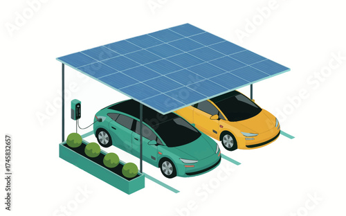 Sustainable future electric vehicle charging station with solar panel canopy and greenery isolated on white background