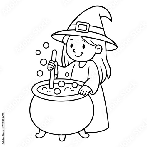 Little Witch Stirring Cauldron Vector