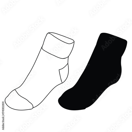 sock, socks, footwear, clothing, apparel, pair, white, black, outline, silhouette, line art, drawing, illustration, simple, minimalist, isolated, design, concept, textile, fabric, ankle sock, casual, 