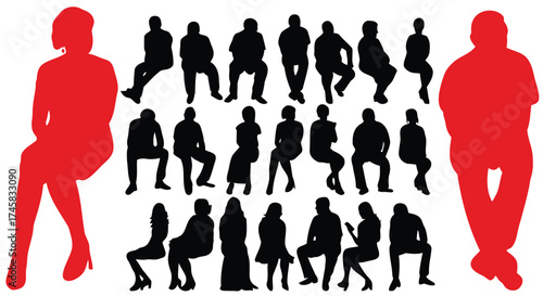 people, silhouettes, red, black, sitting, rows, group, collection, men, women, figures, isolated, white background, audience, waiting, presentation, meeting, casual, formal, variety, set, illustration