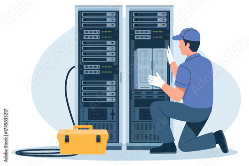 It technician performs server maintenance and network repair in data center environment isolated on white background