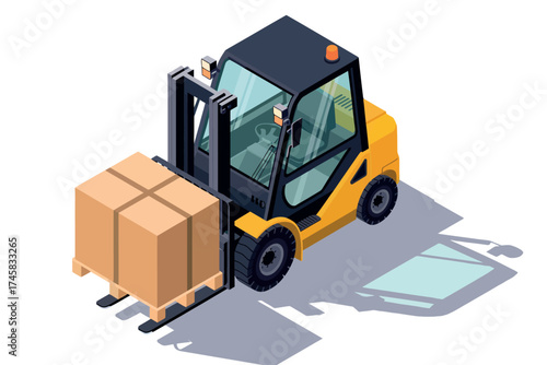 Isometric yellow forklift truck lifting cardboard boxes in warehouse logistics and transportation scene isolated on white background