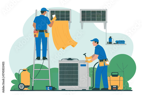 Hvac technicians installing air conditioner unit performing routine maintenance service for home cooling system isolated on white background