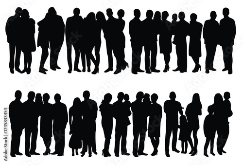 crowd, people, group, silhouette, black and white, standing, together, collection, community, figures, human, gathering, illustration, graphic, flat design, vector, social, unity, togetherness, variet