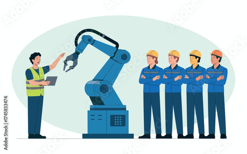 Robotic arm training in modern manufacturing facility with engineers and technicians monitoring progress isolated on white background