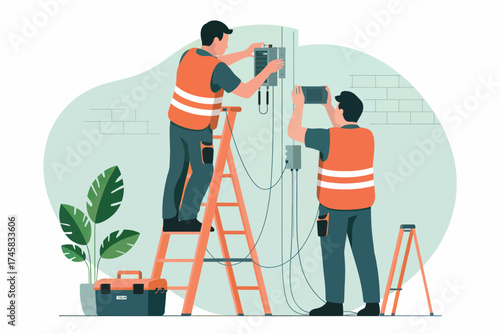 Electricians performing professional installation and maintenance work on electrical systems safely isolated on white background