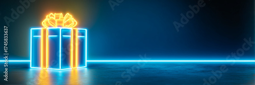 A glowing blue gift box with a bright yellow ribbon sits on a reflective floor, framed by neon line accents. Stock-ready, bold and modern.