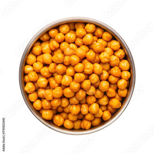 Overhead view of metallic bowl filled with golden roasted chickpeas close-up food photography