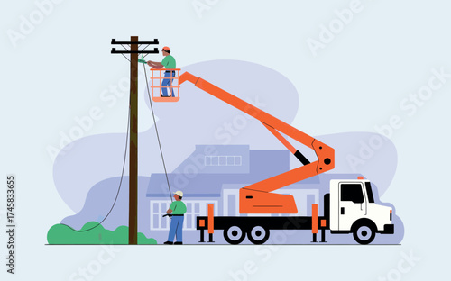 Electricians on bucket truck performing overhead power line maintenance and repair work isolated on white background