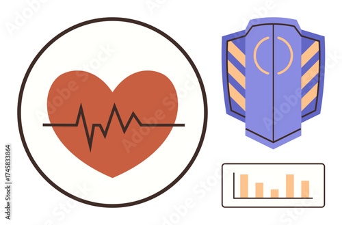 Red heart with heartbeat line, protective shield, and bar chart symbolizing health monitoring, safety, and medical care. Ideal for health, wellness, analysis, fitness insurance technology simple