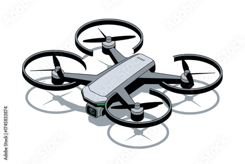 Modern quadcopter drone with four rotors and propellers captured from a high angle view isolated on white background