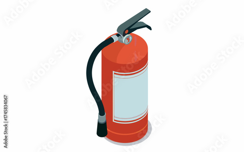 Bright orange fire extinguisher with black hose and handle ready for emergency use isolated on white background